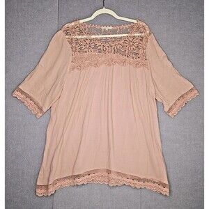 Easel Tunic Top Womens Oversized Medium Dusty Rose Rayon Boho Lace